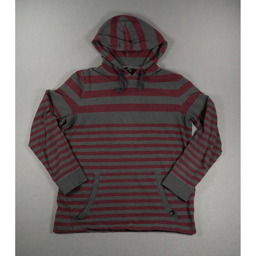 PrAna Mens Hoodie Pullover Striped Organic Cotton Gray Burgundy Size M Gorpcore